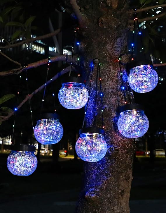 Solar Lantern Solar Lights Outdoor Waterproof 6-Pack, Solar Powered Hanging Lights Cracked Glass Hanging Globes for Christmas Decoration, Shepherd Hook, Garden Tree Ornaments