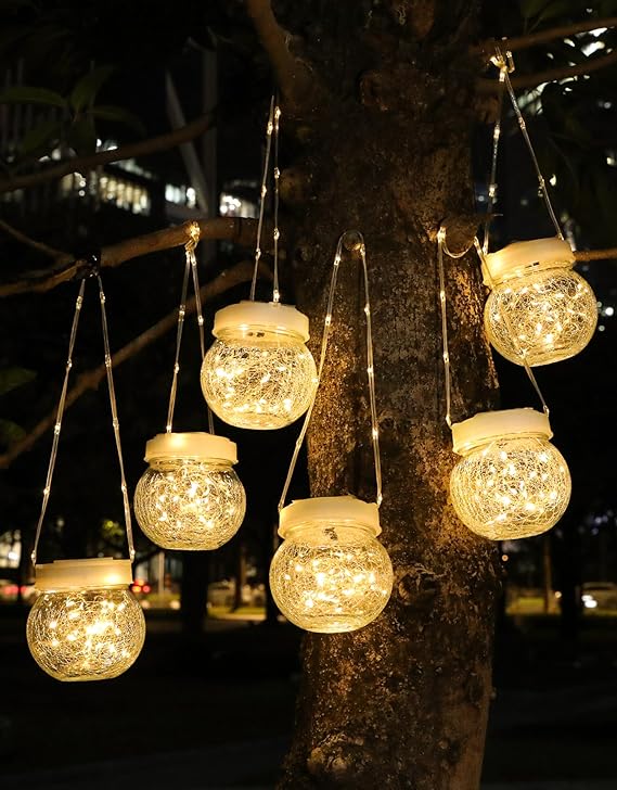 Solar Lantern Solar Lights Outdoor Waterproof 6-Pack, Solar Powered Hanging Lights Cracked Glass Hanging Globes for Christmas Decoration, Shepherd Hook, Garden Tree Ornaments