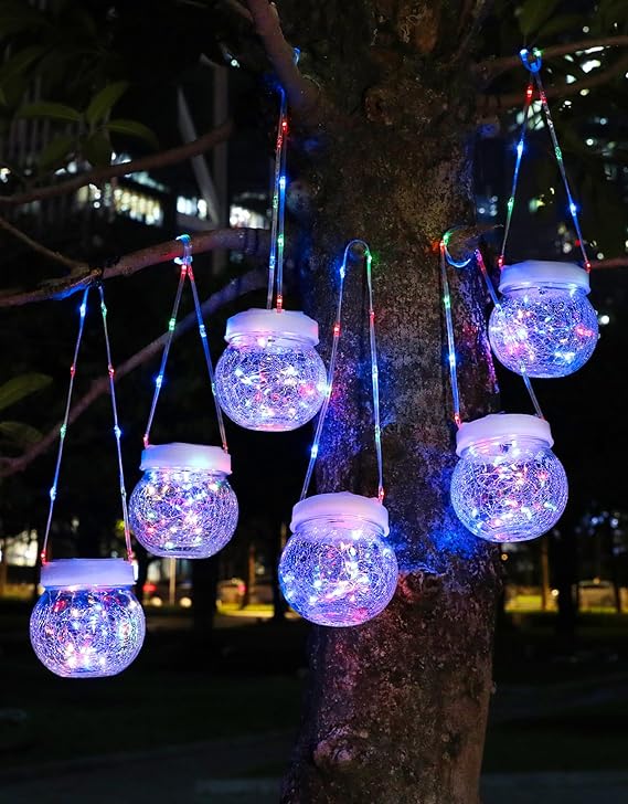 Solar Lantern Solar Lights Outdoor Waterproof 6-Pack, Solar Powered Hanging Lights Cracked Glass Hanging Globes for Christmas Decoration, Shepherd Hook, Garden Tree Ornaments