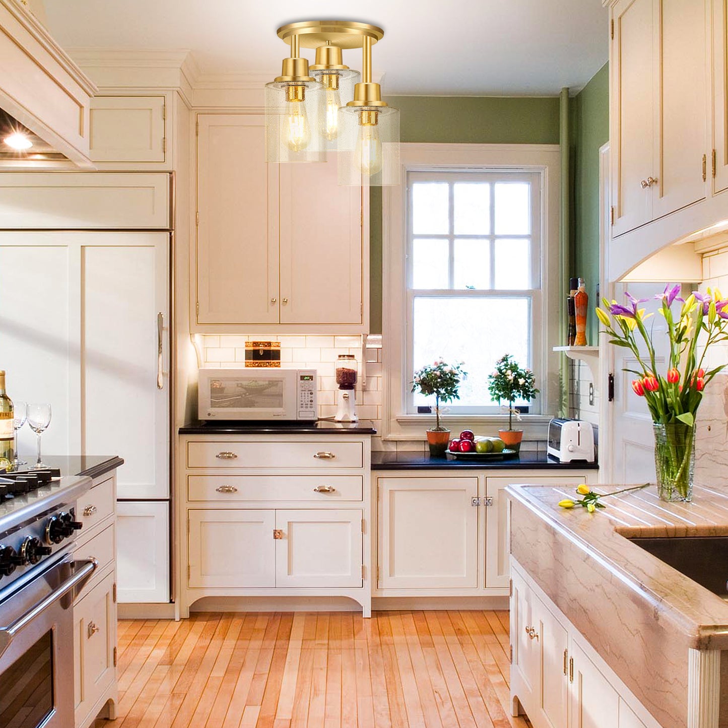 Semi Flush Mount Ceiling Light, 3-Light Close to Ceiling Light Fixtures, Brass Gold Finish Kitchen Light Fixtures with Clear Seeded Glass Shade Patriot Lighting for Entryway Porch Hallway Foyer