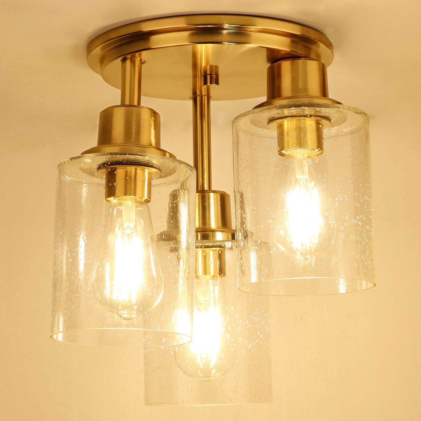 Semi Flush Mount Ceiling Light, 3-Light Close to Ceiling Light Fixtures, Brass Gold Finish Kitchen Light Fixtures with Clear Seeded Glass Shade Patriot Lighting for Entryway Porch Hallway Foyer