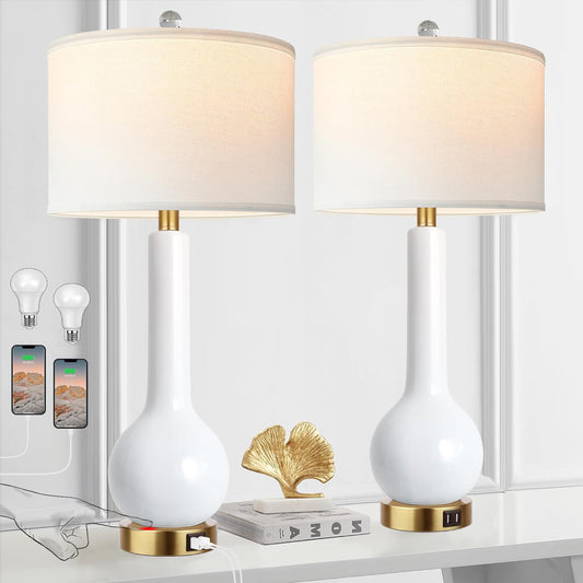27.5” White Ceramic Modern Table Lamp with Dual USB Port - for Living Room,Dining Room,Bedroom,Office,Nightstand, 2 Pack