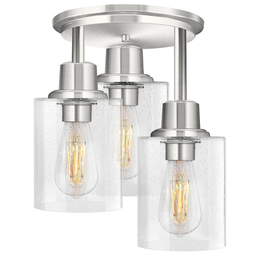 Semi Flush Mount Ceiling Light, 3-Light Close to Ceiling Light Fixtures, Brushed Nickel Finish Kitchen Light Fixture with Clear Seeded Glass Shade Patriot Lighting for Stairs Porch Hallway Entryway