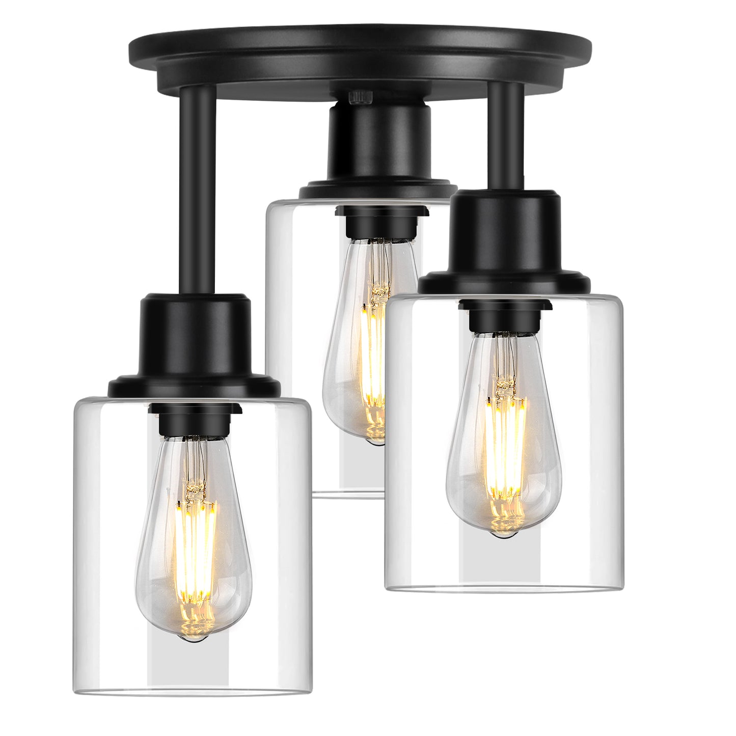 Semi Flush Mount Ceiling Light, 3-Light Close to Ceiling Light Fixtures, Matte Black Kitchen Light Fixtures with Clear Glass Shades, Hallway Light Fixtures Ceiling Mount for Foyer Entryway