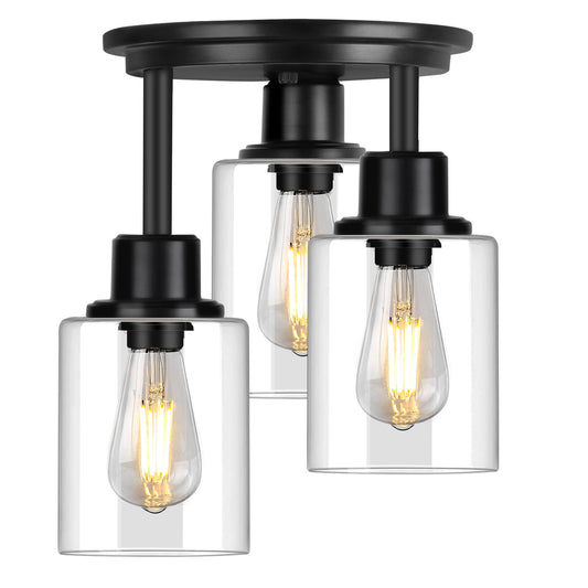 Semi Flush Mount Ceiling Light, 3-Light Close to Ceiling Light Fixtures, Matte Black Kitchen Light Fixtures with Clear Glass Shades, Hallway Light Fixtures Ceiling Mount for Foyer Entryway