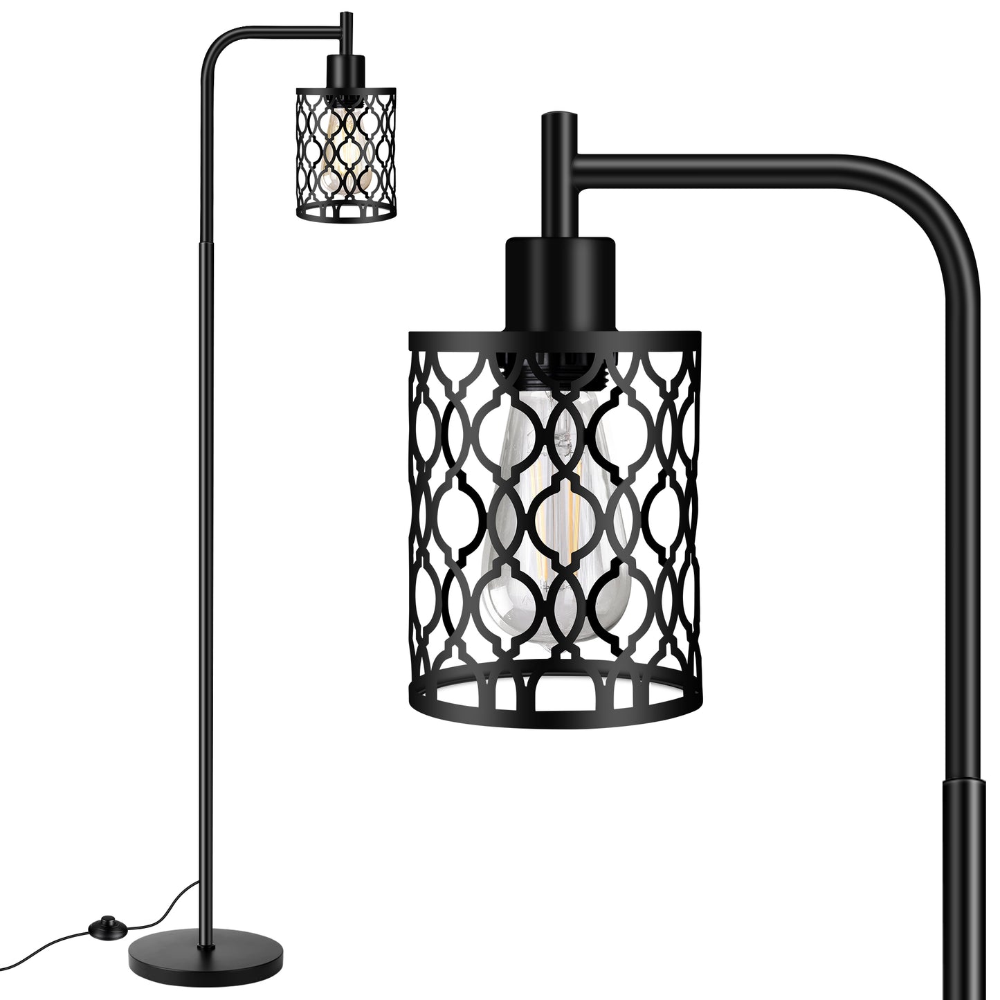 Industrial Floor Lamp with Metal Shade, Black Farmhouse Floor Lamp Including 6W 2700K Edison Bulb, Standing Lamp for Living Room, Tall Pole Lamp for Bedroom, Office, Black, 67", No Dimmer