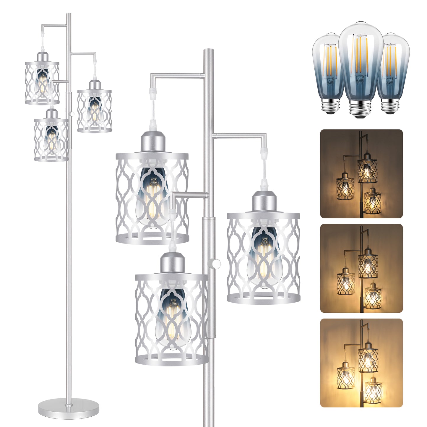 68" Farmhouse floor lamp, Dimmable Industrial Floor Lamps for Living Room, 3 Light Rustic Standing Tall Lamp Including 3 PCS 6W Edison Bulbs, Tree Floor Lamp for Bedrooms Room, Office, Bar, Silver