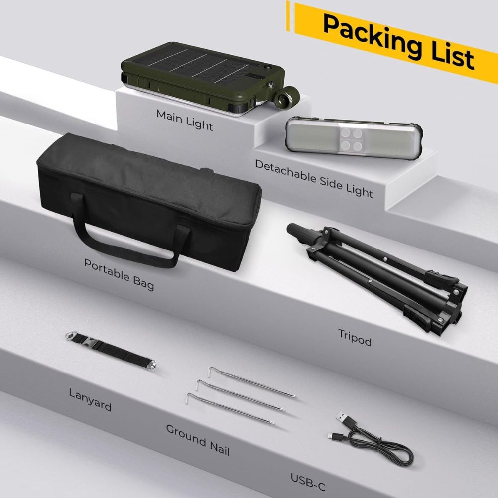 ROTTOGOON 1 Pack Outdoor Solar Camping Lights, LED Work Light with 2 Lighting Heads, IP65 Waterproof Cordless Solar Powered & USB-C Stand Floor Light with Iron Telescoping Tripod