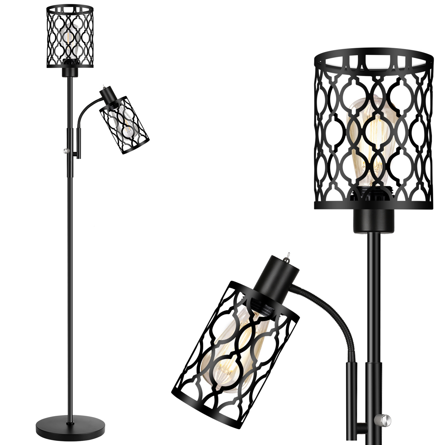 72" Farmhouse Floor Lamps for Living room, Black Floor Lamps with Adjustable Reading Lamp, 2-Light Tall Standing Lamps with 2 Edison Bulbs, Industrial Floor Lamps for Bedroom, Office, 6W, Black