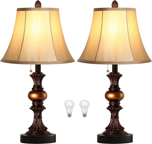 22“ Traditional Table Lamp Set of 2, Vintage Bedside Lamps with Dual USB Charging Ports, 3-Way Dimmable Desk Lamps with Bell Shape Faux Silk Shade for Living Room, Bedroom