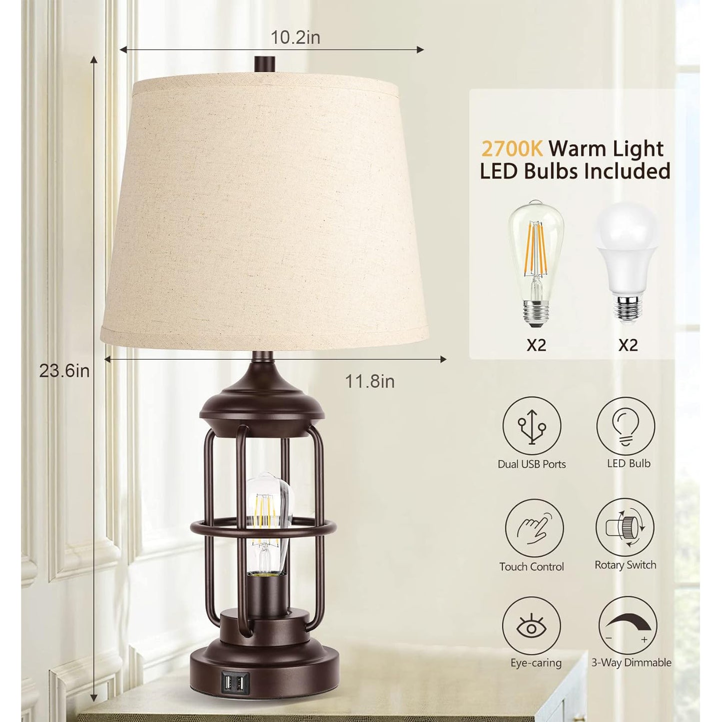 ROTTOGOON Table Lamp Set of 2 with USB Ports, Touch Control 3-Way Dimmable Bedside Lamp with 2 LED Night Light, Farmhouse Rustic Nightstand Lamp for Living Room Bedroom Decor (2700K Bulbs Included)
