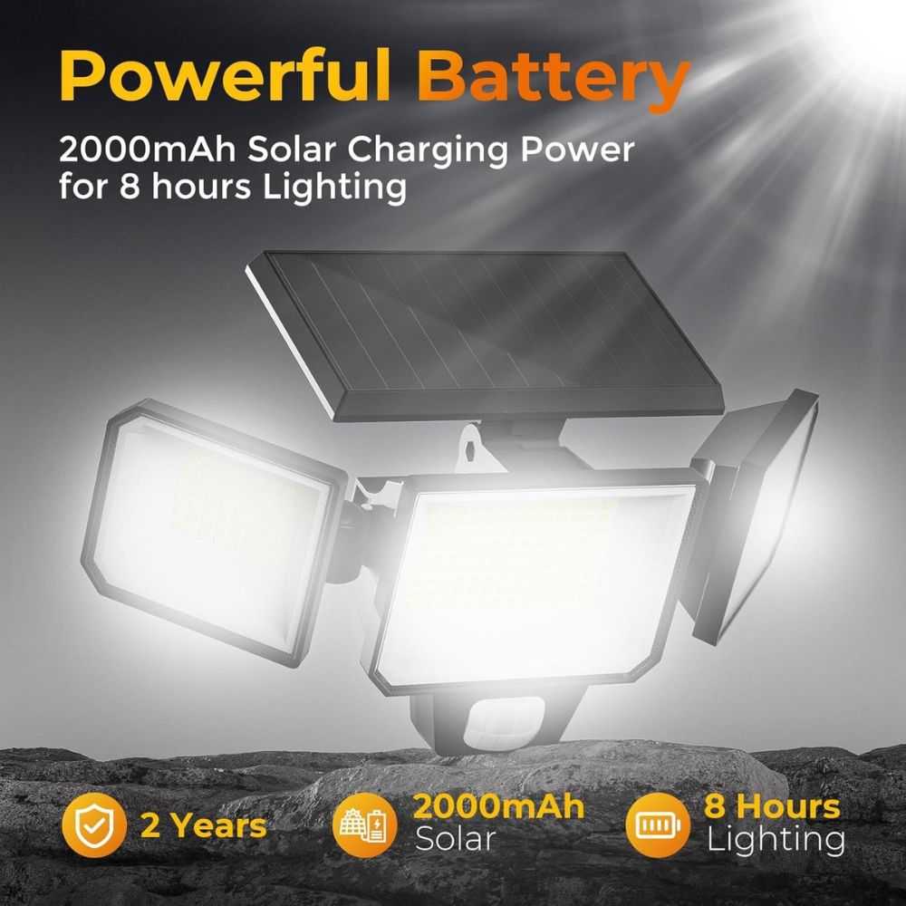 ROTTOGOON 2 Pack Solar Motion Sensor Wall Lights, 3-Head LED Flood Security Light with Remote Control, IP65 Waterproof, Black