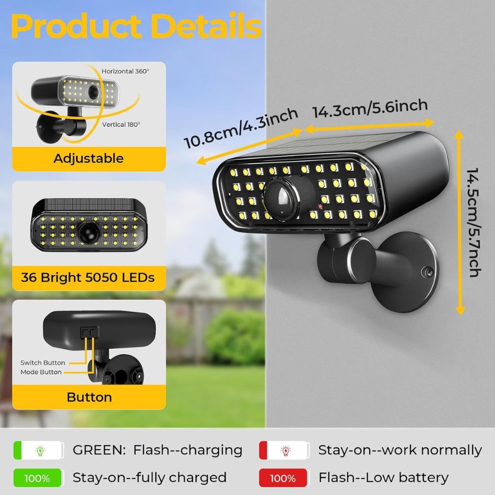 ROTTOGOON 2 Pack Solar Motion Sensor Flood Lights, Outdoor Wall Mount Security Light with 3 Modes, IP67 Waterproof, LED, Black