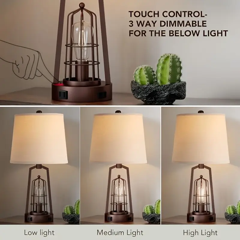 ROTTOGOON Set Of 2 Farmhouse Table Lamps With USB Ports, 3-Way Dimmable Bedside Touch Lamp With AC Outlet for Living Room Reading, Bulbs Included