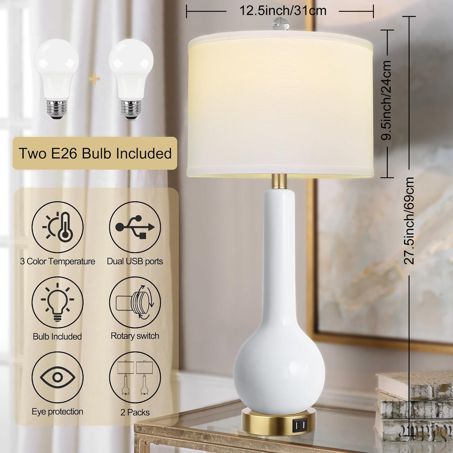 27.5” White Ceramic Modern Table Lamp with Dual USB Port - for Living Room,Dining Room,Bedroom,Office,Nightstand, 2 Pack