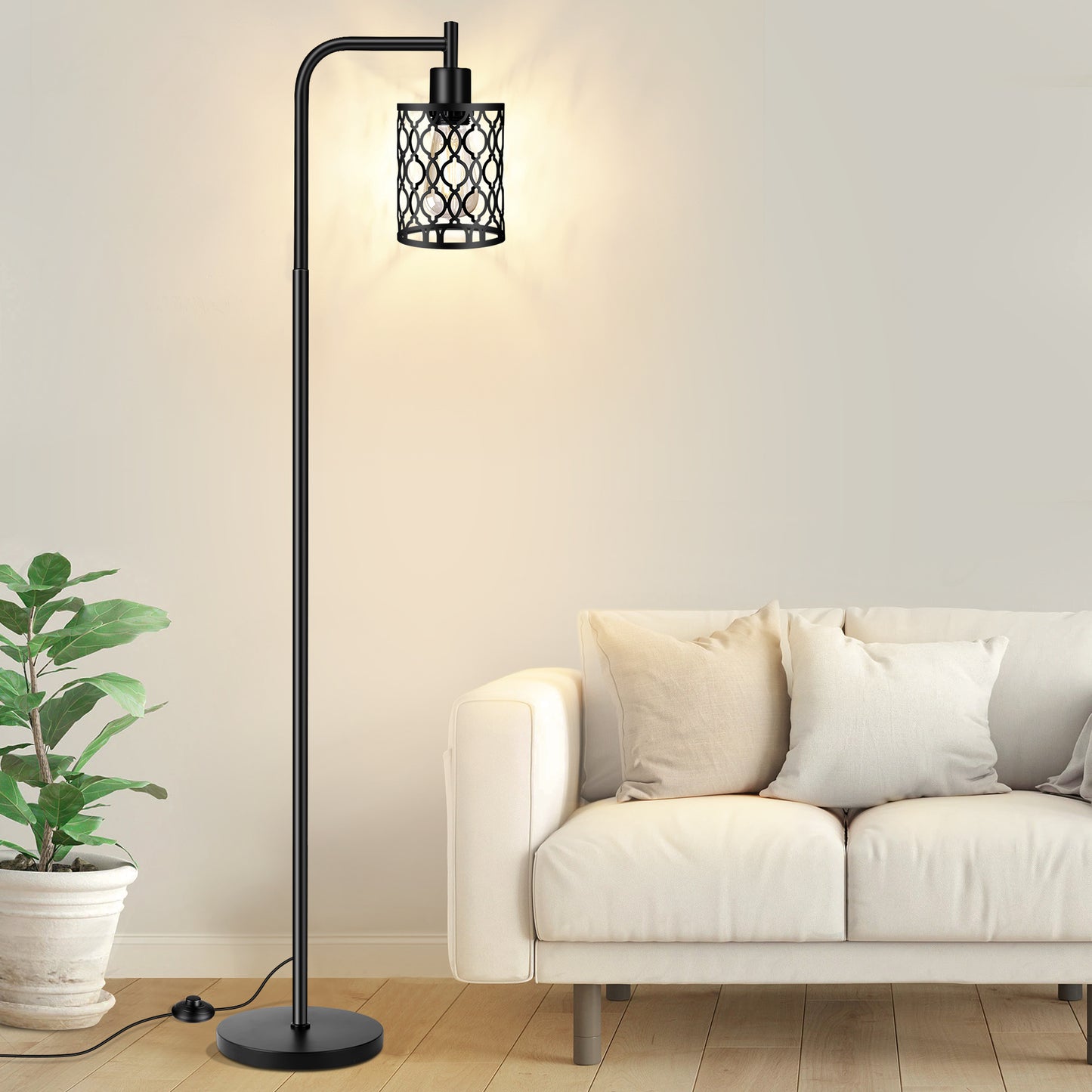 Industrial Floor Lamp with Metal Shade, Black Farmhouse Floor Lamp Including 6W 2700K Edison Bulb, Standing Lamp for Living Room, Tall Pole Lamp for Bedroom, Office, Black, 67", No Dimmer
