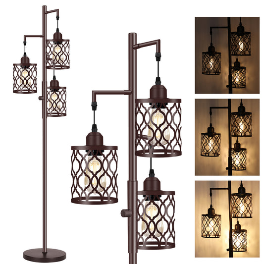 68" Farmhouse floor lamp, Dimmable Industrial Floor Lamps for Living Room, 3 Light Rustic Standing Tall Lamp Including 3 PCS 6W E26 Bulbs, Tree Floor Lamp for Bedrooms Room, Office, Bar, Brown