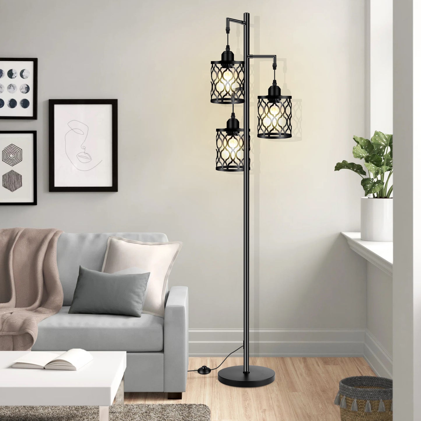 Industrial Floor Lamp, Metal Farmhouse Floor Lamp for Living Room, Rustic Standing Tall Lamp with 3 Elegant Cage Heads, Tree Floor Lamp for Bedrooms, Home Office, Bar, 68", Black, Bulb Not Included