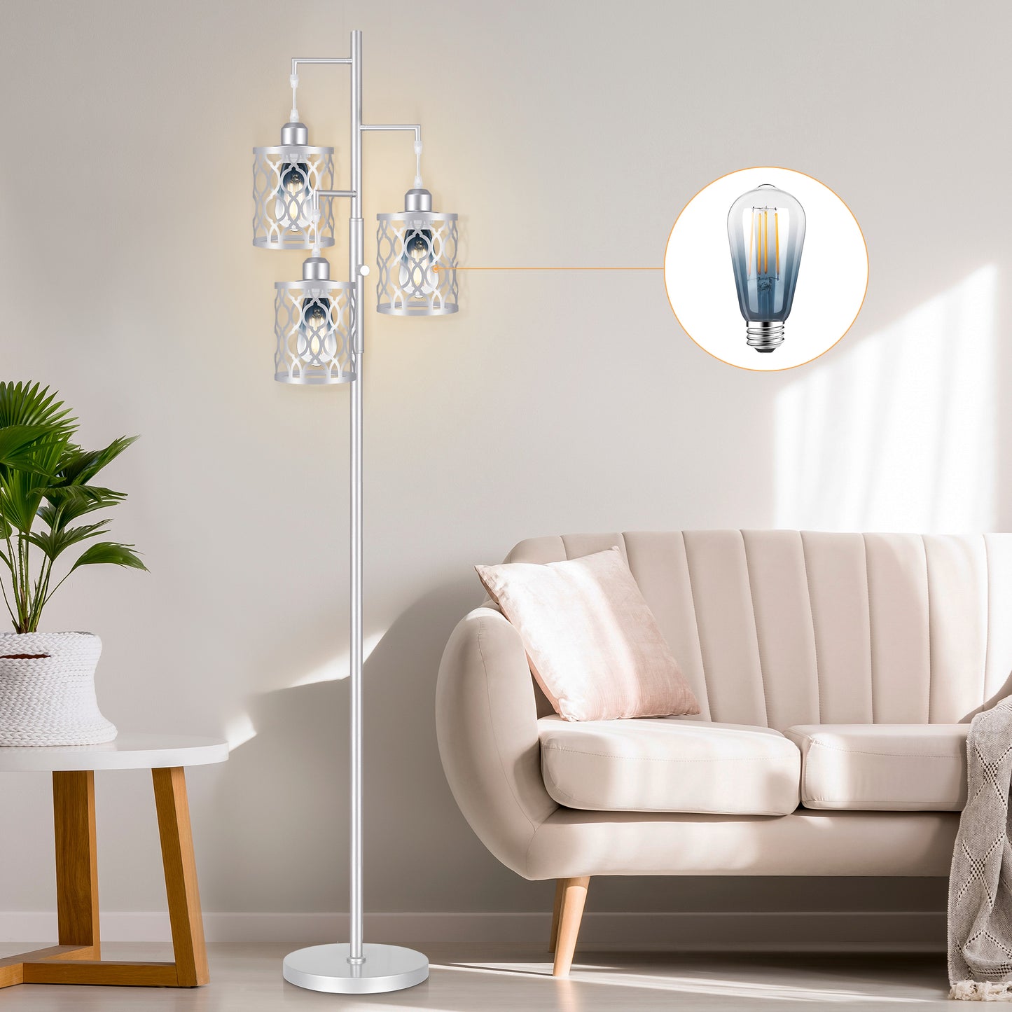 68" Farmhouse floor lamp, Dimmable Industrial Floor Lamps for Living Room, 3 Light Rustic Standing Tall Lamp Including 3 PCS 6W Edison Bulbs, Tree Floor Lamp for Bedrooms Room, Office, Bar, Silver