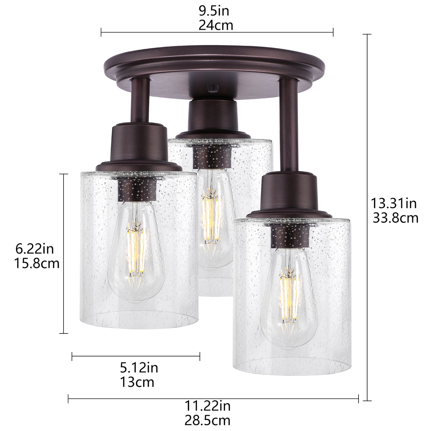 Semi Flush Mount Ceiling Light, 3-Light Close to Ceiling Light Fixtures, Vintage Oil-Rubbed Bronze Finish Kitchen Light Fixture with Clear Seeded Glass Shade Patriot Lighting for Entryway Porch Foyer