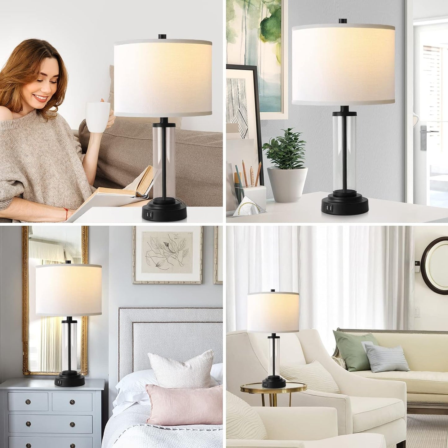 ROTTOGOON Touch Control Table Lamps Set of 2 with USB Ports, 3-Way Dimmable Bedside Lamp for Living Room Bedroom House, Modern Nightstand Lamp with 2 LED Bulbs(Black)