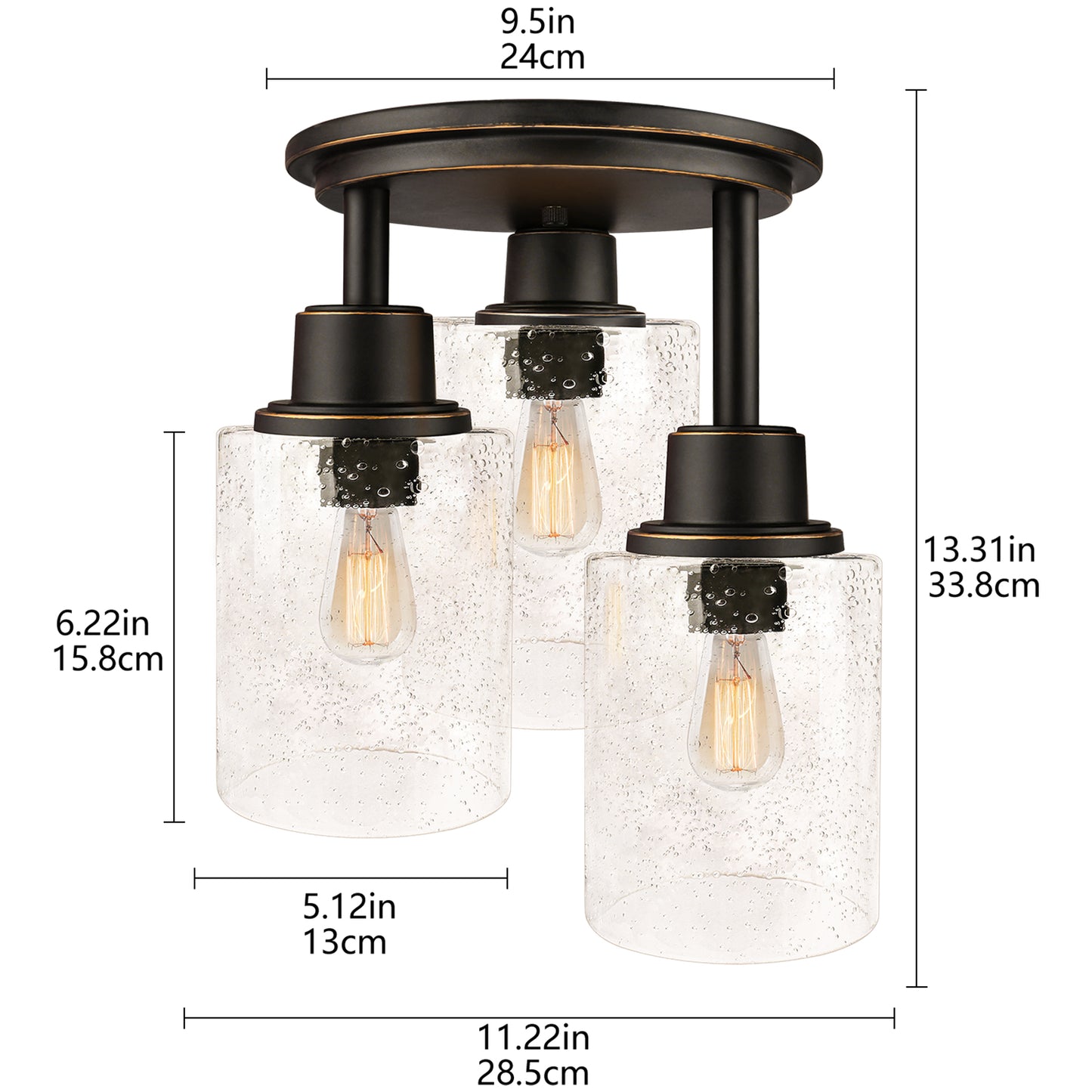 Semi Flush Mount Ceiling Light, 3-Light Close to Ceiling Light Fixtures, Vintage Oil-Rubbed Bronze Finish with Clear Seeded Glass Shade Chandelier Lighting for Stairs Porch Hallway Entryway Kitchen