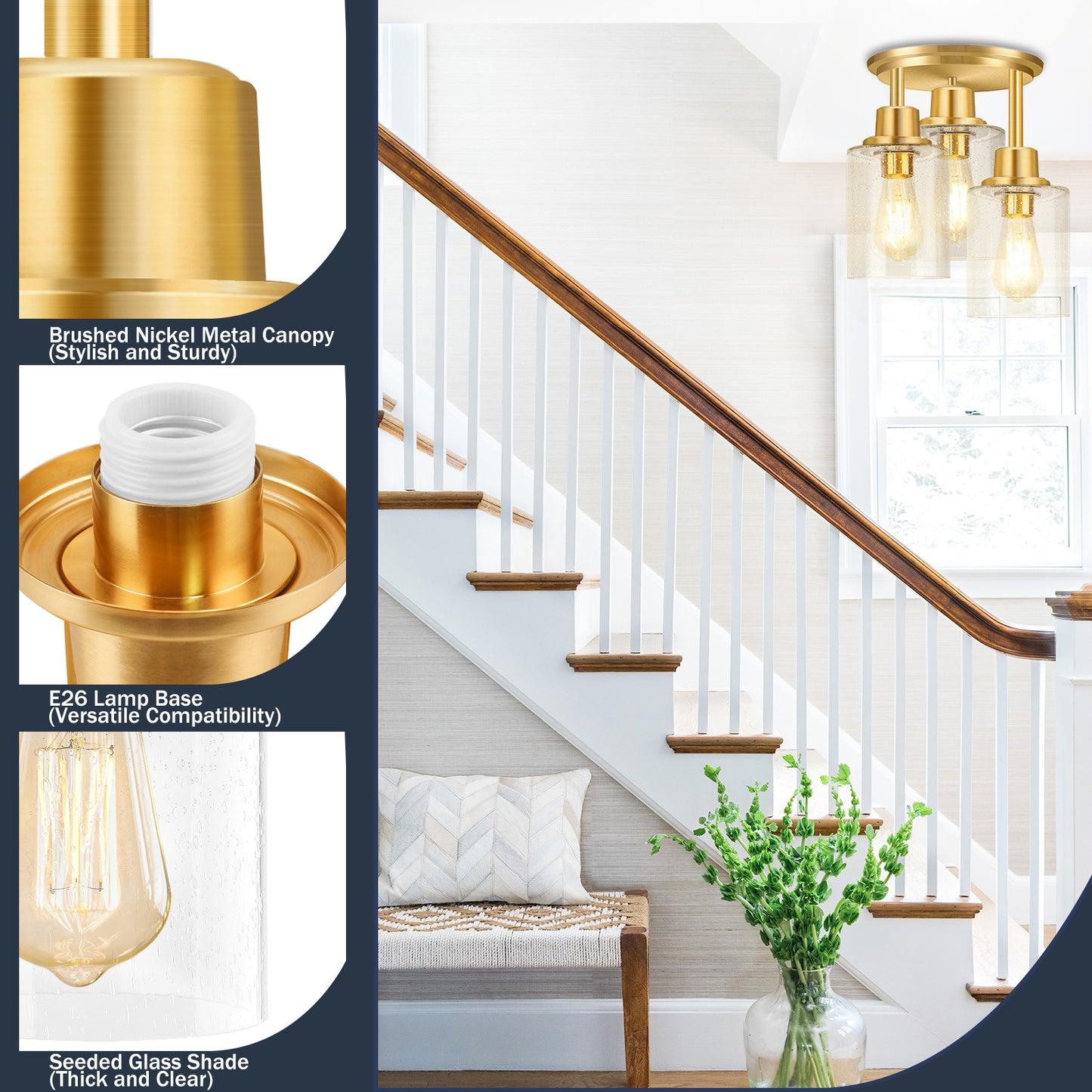 Semi Flush Mount Ceiling Light, 3-Light Close to Ceiling Light Fixtures, Brass Gold Finish Kitchen Light Fixtures with Clear Seeded Glass Shade Patriot Lighting for Entryway Porch Hallway Foyer