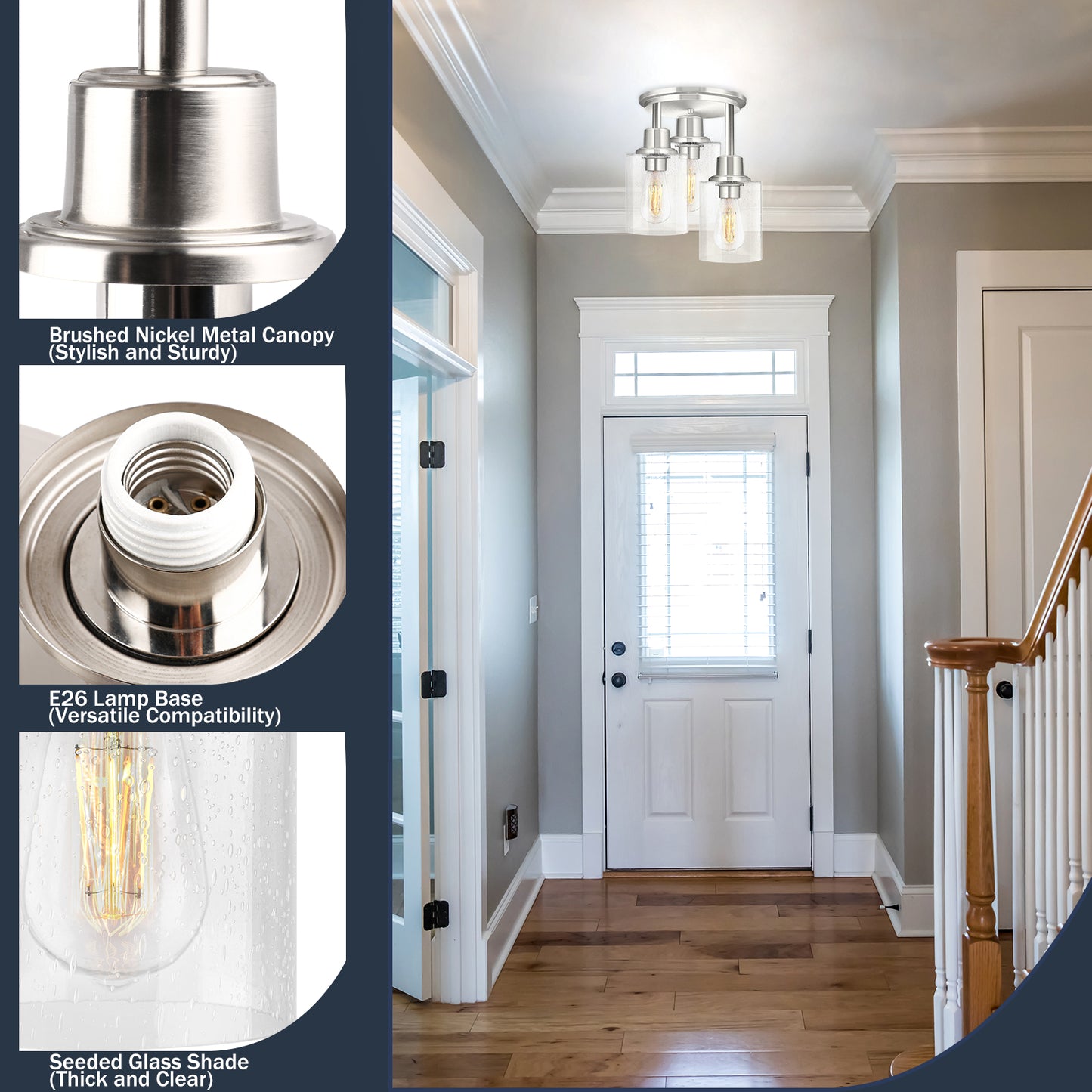 Semi Flush Mount Ceiling Light, 3-Light Close to Ceiling Light Fixtures, Brushed Nickel Finish Kitchen Light Fixture with Clear Seeded Glass Shade Patriot Lighting for Stairs Porch Hallway Entryway