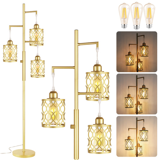 68" Gold Floor Lamp, Dimmable Industrial Floor Lamps for Living Room, 3 Light Rustic Standing Tall Lamp Including 3 PCS 6W E26 Bulbs, Farmhouse Tree Floor Lamp for Bedrooms, Office, Bar