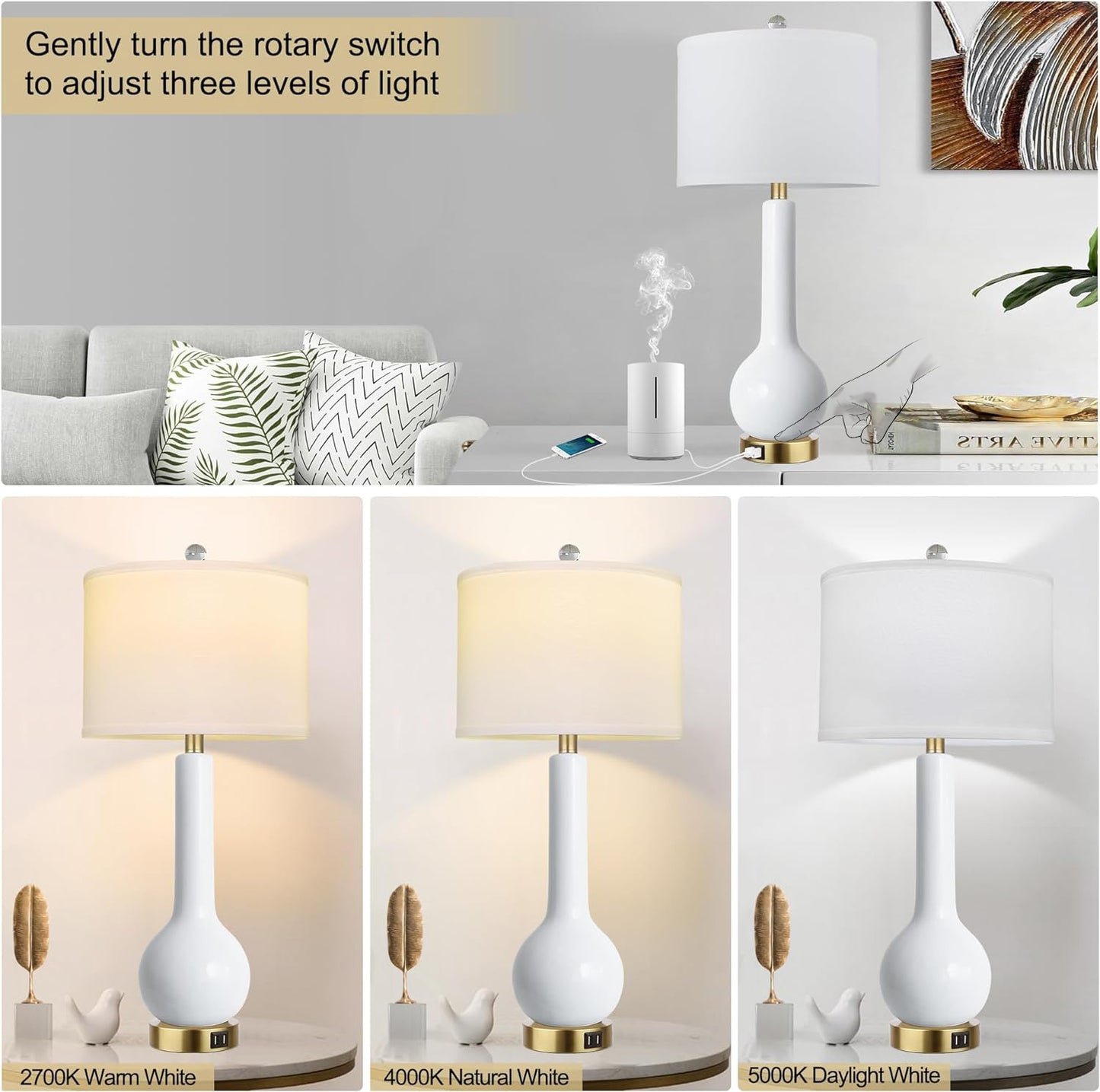 27.5” White Ceramic Modern Table Lamp with Dual USB Port - for Living Room,Dining Room,Bedroom,Office,Nightstand, 2 Pack