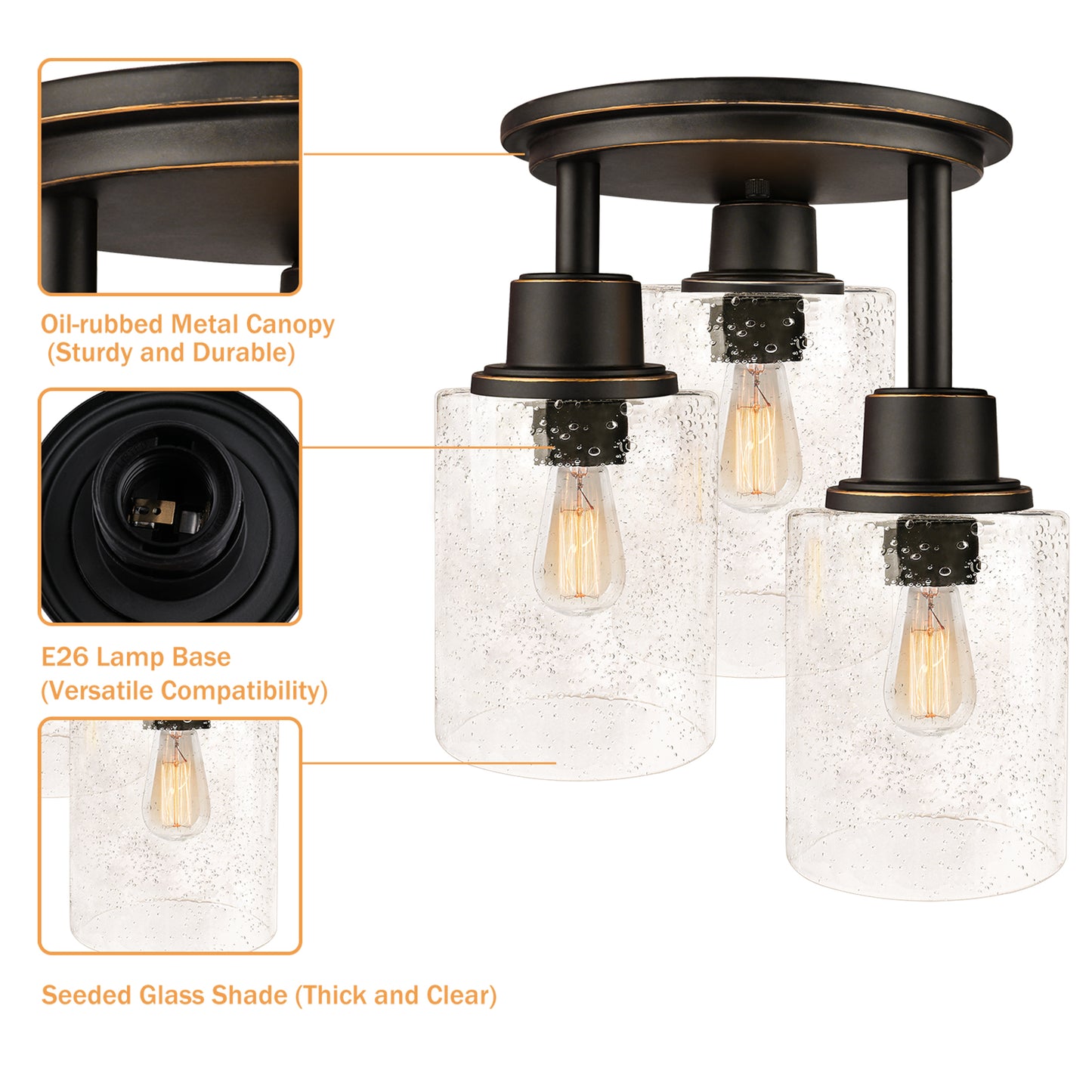 Semi Flush Mount Ceiling Light, 3-Light Close to Ceiling Light Fixtures, Vintage Oil-Rubbed Bronze Finish with Clear Seeded Glass Shade Chandelier Lighting for Stairs Porch Hallway Entryway Kitchen