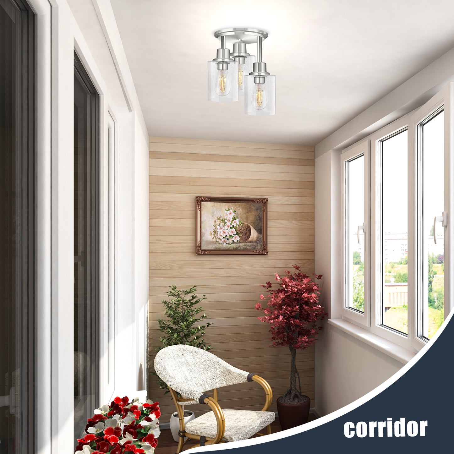 Semi Flush Mount Ceiling Light, 3-Light Close to Ceiling Light Fixtures, Brushed Nickel Finish Kitchen Light Fixture with Clear Seeded Glass Shade Patriot Lighting for Stairs Porch Hallway Entryway