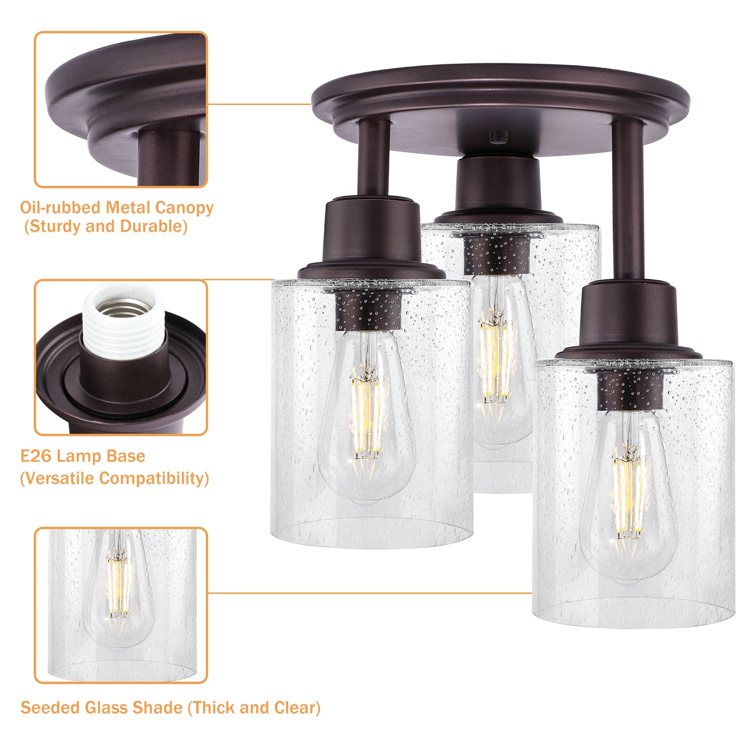 Semi Flush Mount Ceiling Light, 3-Light Close to Ceiling Light Fixtures, Vintage Oil-Rubbed Bronze Finish Kitchen Light Fixture with Clear Seeded Glass Shade Patriot Lighting for Entryway Porch Foyer