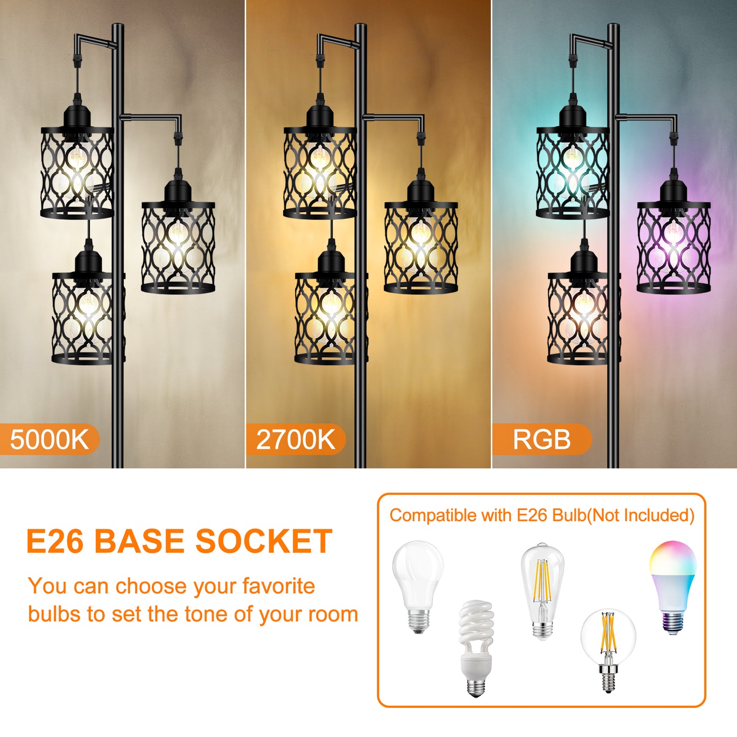 Industrial Floor Lamp, Metal Farmhouse Floor Lamp for Living Room, Rustic Standing Tall Lamp with 3 Elegant Cage Heads, Tree Floor Lamp for Bedrooms, Home Office, Bar, 68", Black, Bulb Not Included