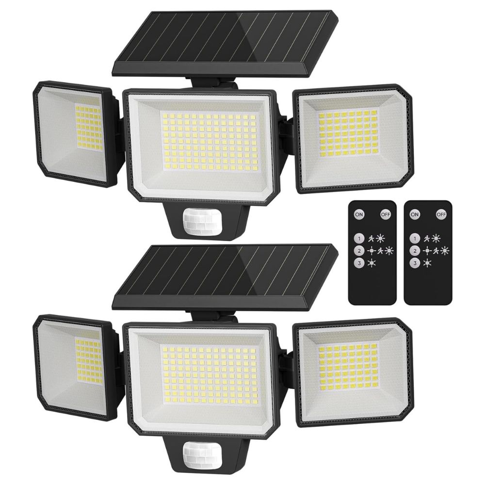 ROTTOGOON 2 Pack Solar Motion Sensor Wall Lights, 3-Head LED Flood Security Light with Remote Control, IP65 Waterproof, Black