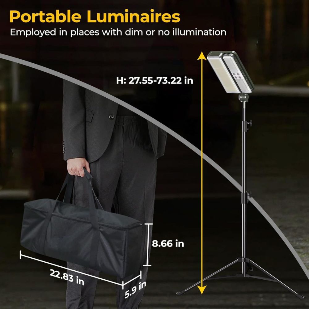 ROTTOGOON 1 Pack Outdoor Solar Camping Lights, LED Work Light with 2 Lighting Heads, IP65 Waterproof Cordless Solar Powered & USB-C Stand Floor Light with Iron Telescoping Tripod