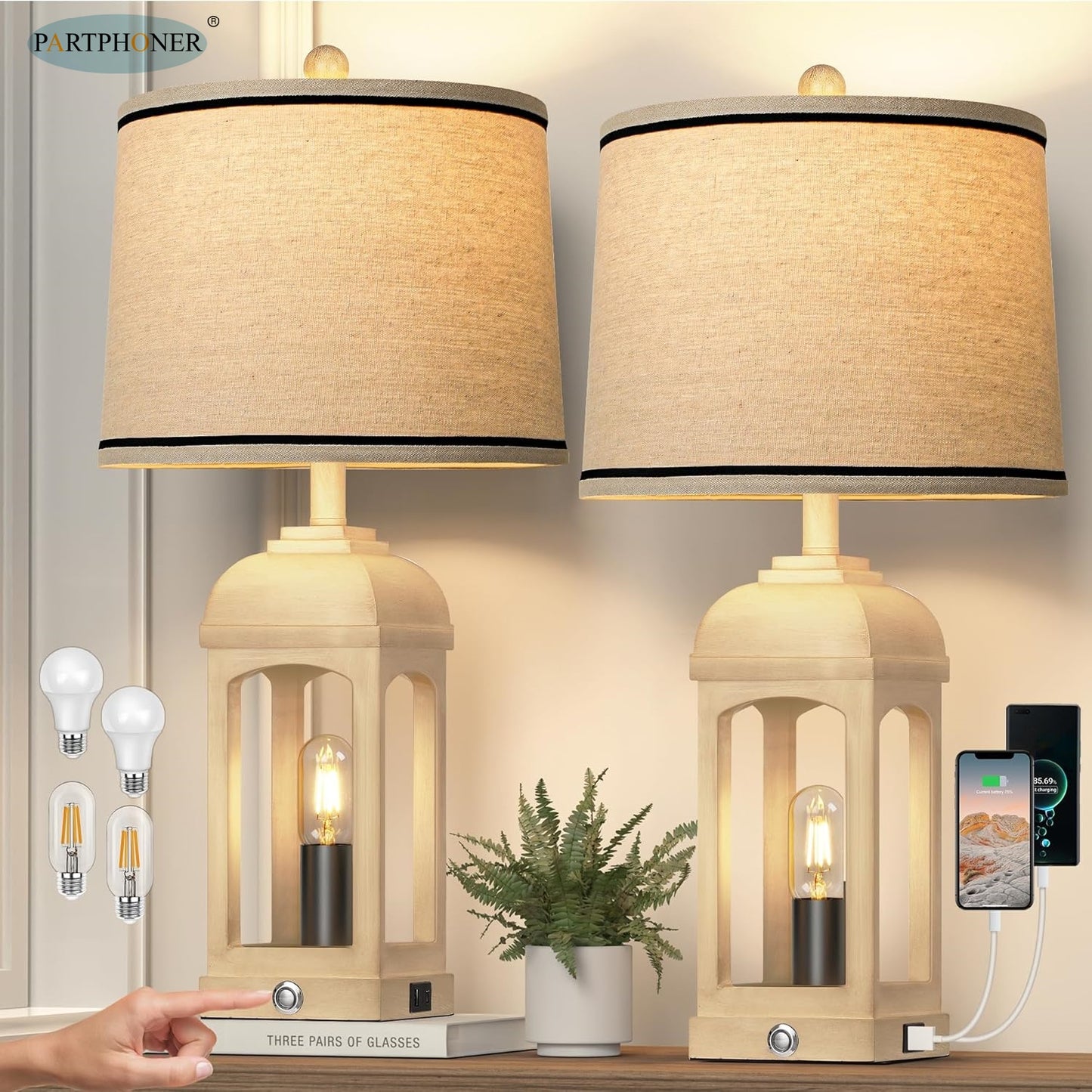 ROTTOGOON Table Lamp for Living Room, Farmhouse Lamps Set of 2 with USB A+C and Nightlight, 26" Rustic Bedside Lamps with 3-Way Dimmable Touch Control, Nightstand Lamp for Bedroom Decor, Beige