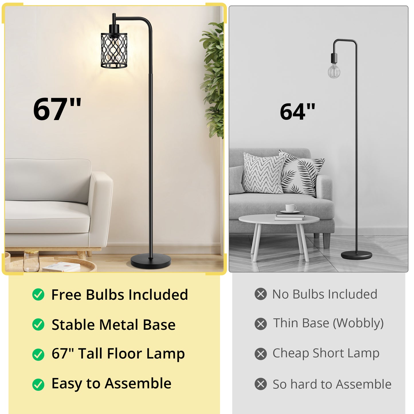 Industrial Floor Lamp with Metal Shade, Black Farmhouse Floor Lamp Including 6W 2700K Edison Bulb, Standing Lamp for Living Room, Tall Pole Lamp for Bedroom, Office, Black, 67", No Dimmer