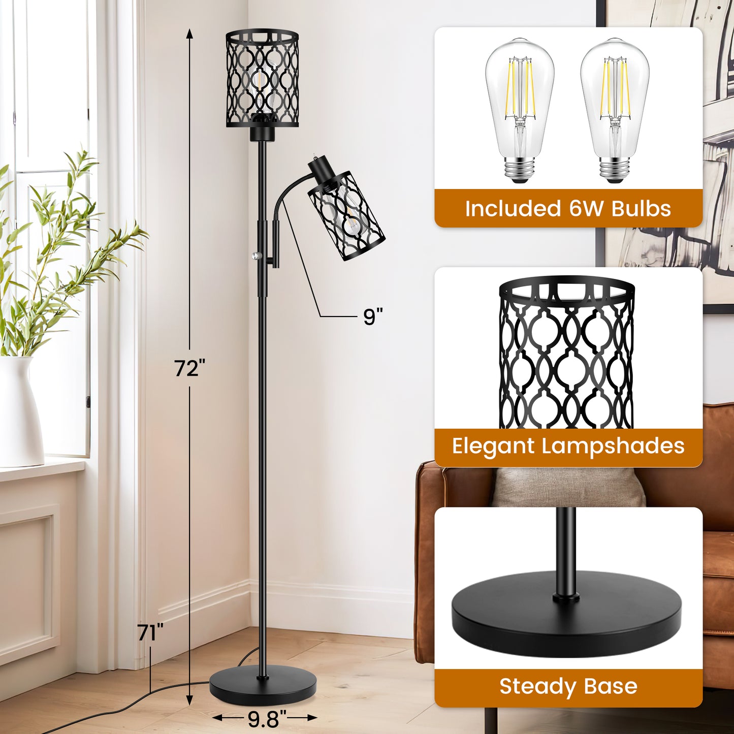 72" Farmhouse Floor Lamps for Living room, Black Floor Lamps with Adjustable Reading Lamp, 2-Light Tall Standing Lamps with 2 Edison Bulbs, Industrial Floor Lamps for Bedroom, Office, 6W, Black