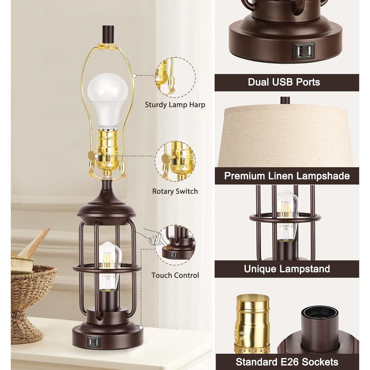 ROTTOGOON Table Lamp Set of 2 with USB Ports, Touch Control 3-Way Dimmable Bedside Lamp with 2 LED Night Light, Farmhouse Rustic Nightstand Lamp for Living Room Bedroom Decor (2700K Bulbs Included)