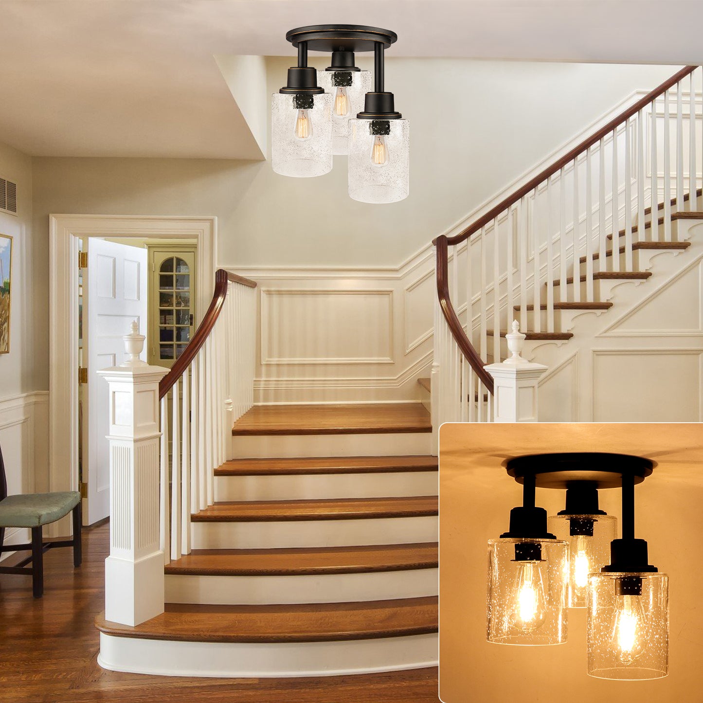 Semi Flush Mount Ceiling Light, 3-Light Close to Ceiling Light Fixtures, Vintage Oil-Rubbed Bronze Finish with Clear Seeded Glass Shade Chandelier Lighting for Stairs Porch Hallway Entryway Kitchen