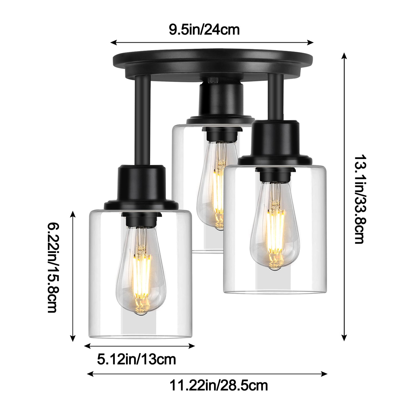 Semi Flush Mount Ceiling Light, 3-Light Close to Ceiling Light Fixtures, Matte Black Kitchen Light Fixtures with Clear Glass Shades, Hallway Light Fixtures Ceiling Mount for Foyer Entryway