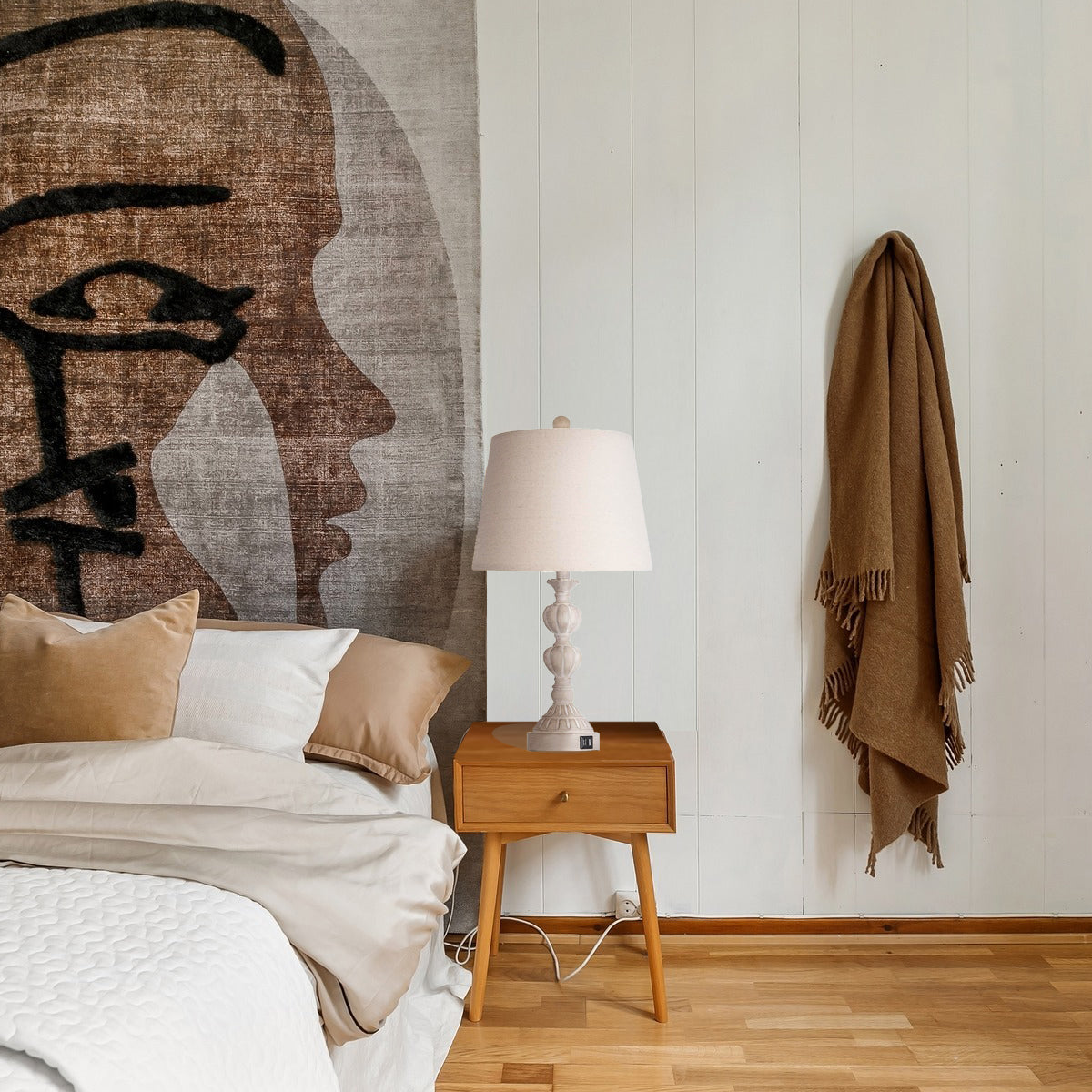 ROTTOGOON Touch Control Coastal Farmhouse Table Lamp Set of 2, 3-Way Dimmable Bedside Lamp with 2 USB Charging Ports, French Country Style Nightstand Lamp for Living Room, Bedroom - Washed White