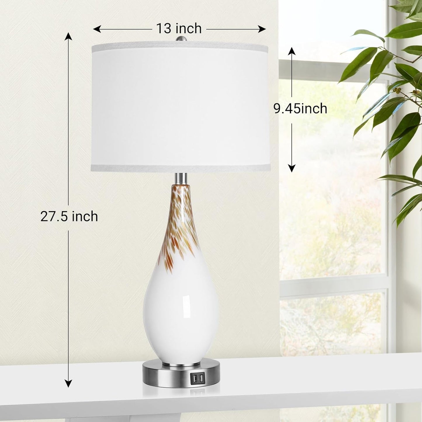 ROTTOGOON Touch Control Table Lamps Set of 2, 27.5" Tall Modern Art Glass Bedside Lamp with USB Ports, 3-Way Dimmable Hand Crafted Nightstand Lamps White Drum Shade for Living Room Bedroom Home
