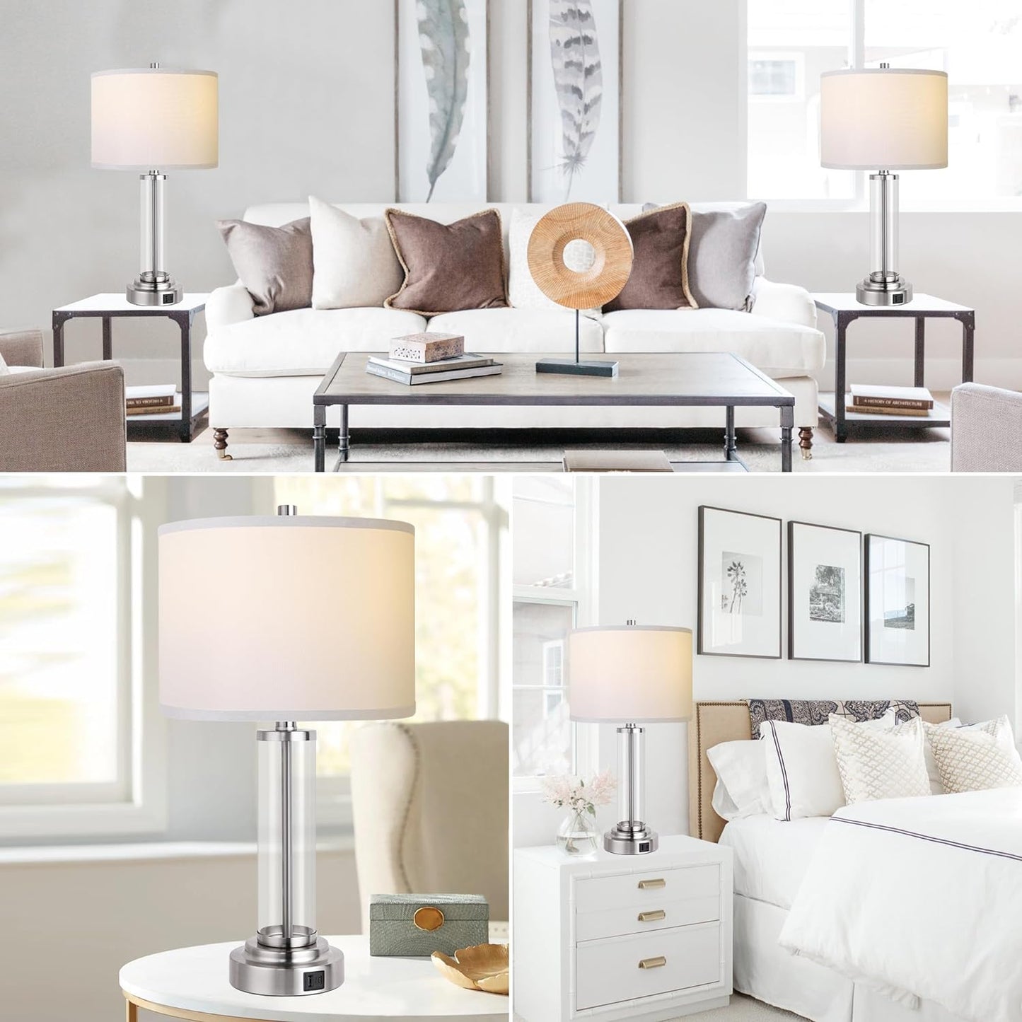 ROTTOGOON Table Lamps for Bedrooms Set of 2, Touch Control Table Lamp with USB C+A, 3-Way Dimmable Modern Nightstand Lamp with Fabric Cream Shade for Bedroom Table Living Room Reading Bulbs Included