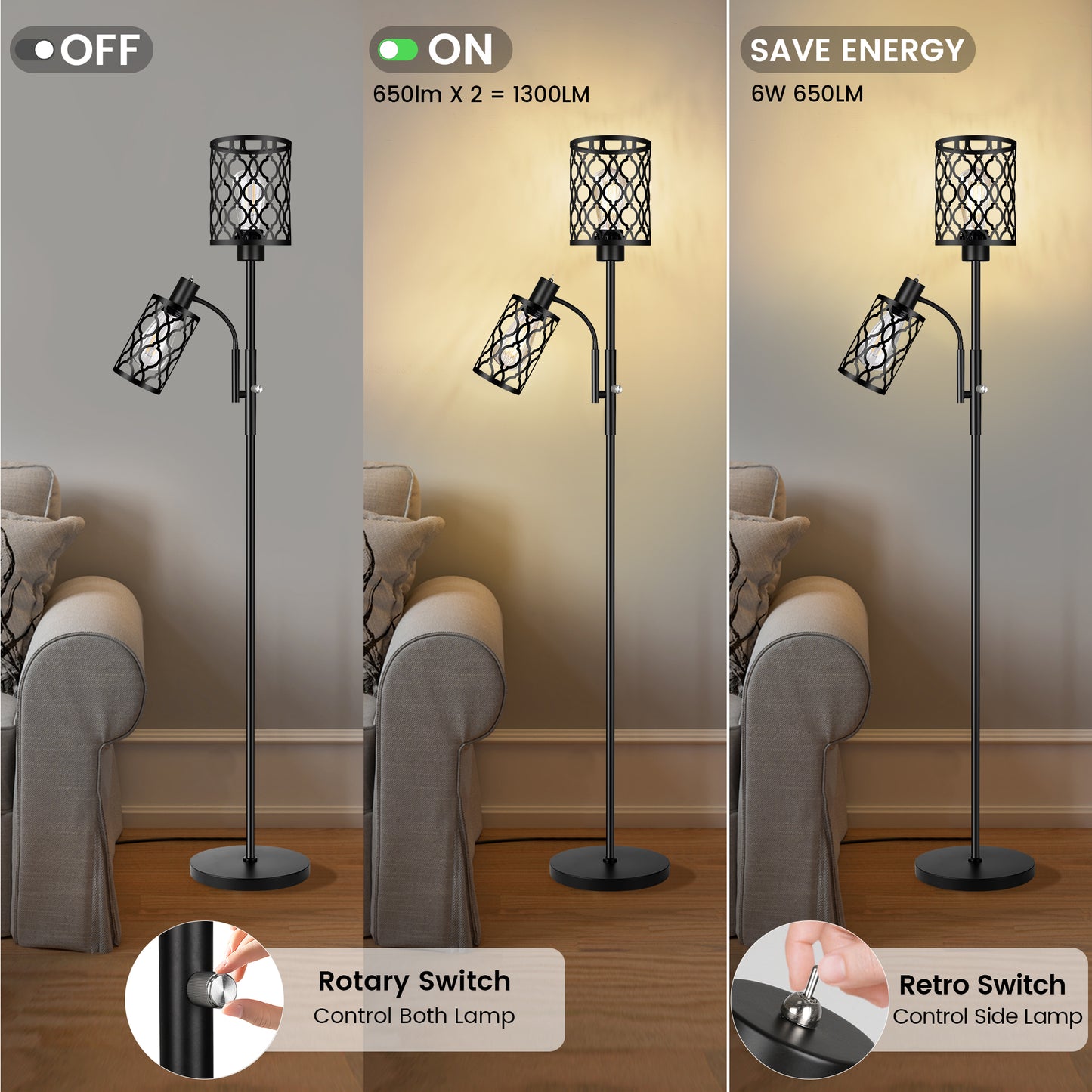 72" Farmhouse Floor Lamps for Living room, Black Floor Lamps with Adjustable Reading Lamp, 2-Light Tall Standing Lamps with 2 Edison Bulbs, Industrial Floor Lamps for Bedroom, Office, 6W, Black