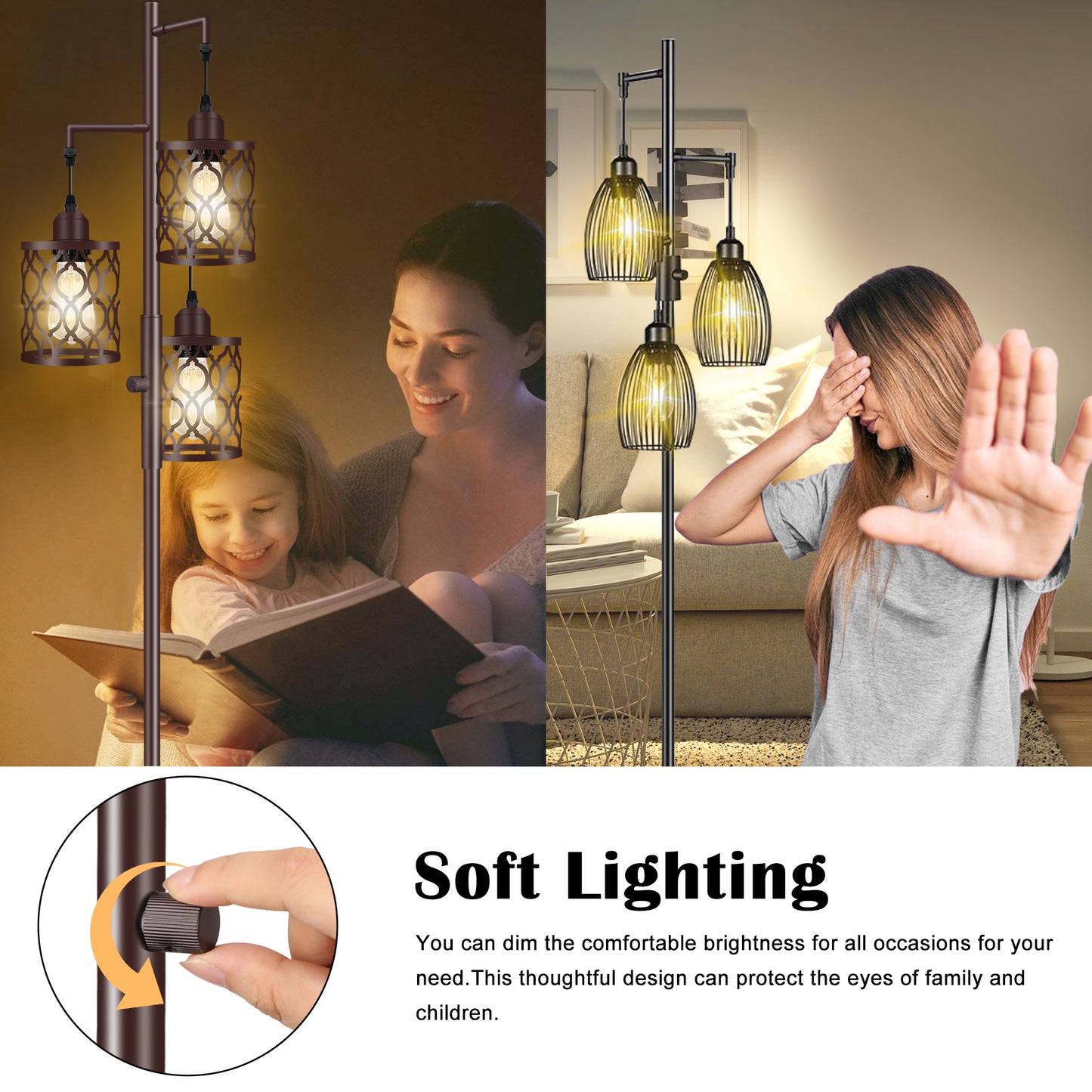 68" Farmhouse floor lamp, Dimmable Industrial Floor Lamps for Living Room, 3 Light Rustic Standing Tall Lamp Including 3 PCS 6W E26 Bulbs, Tree Floor Lamp for Bedrooms Room, Office, Bar, Brown