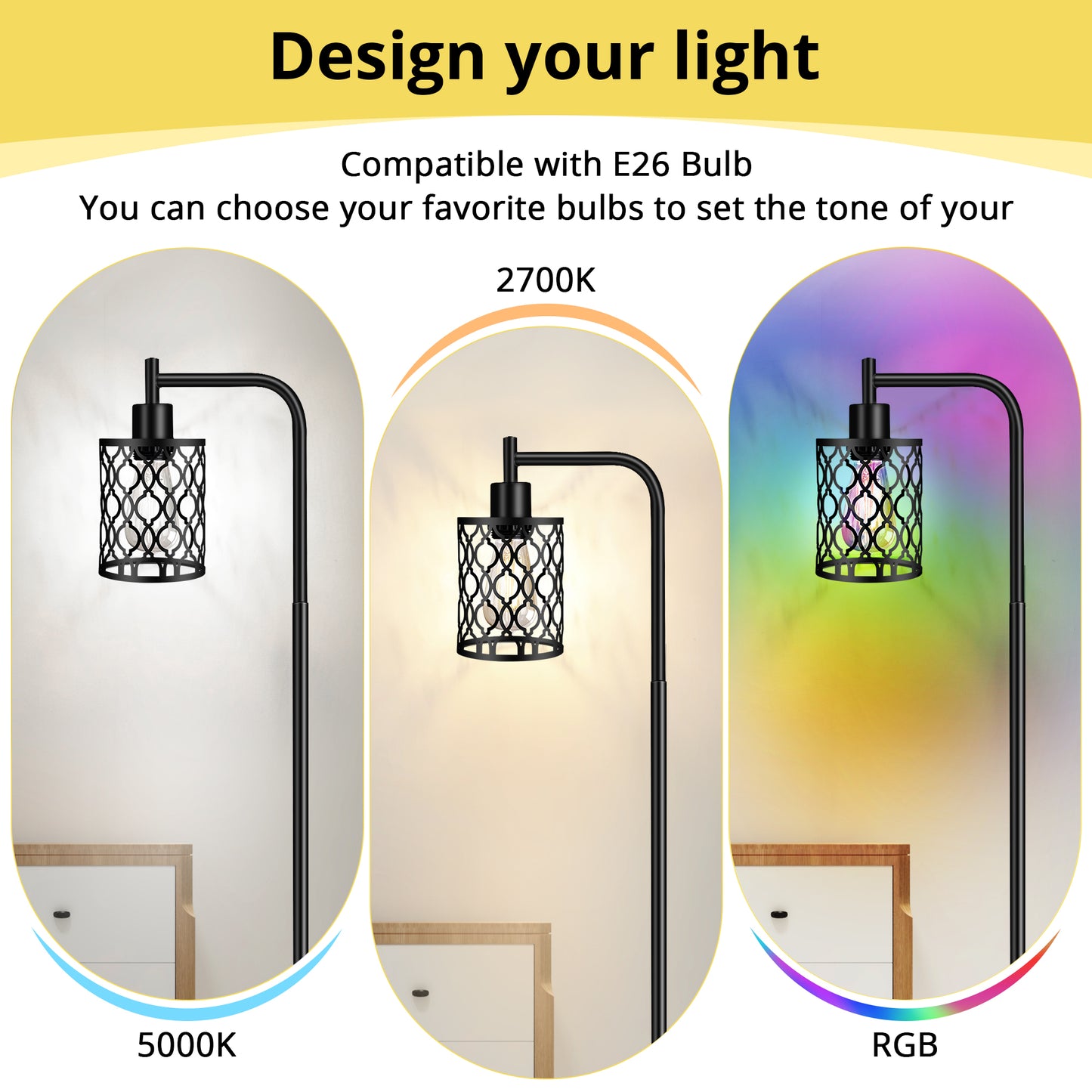 Industrial Floor Lamp with Metal Shade, Black Farmhouse Floor Lamp Including 6W 2700K Edison Bulb, Standing Lamp for Living Room, Tall Pole Lamp for Bedroom, Office, Black, 67", No Dimmer