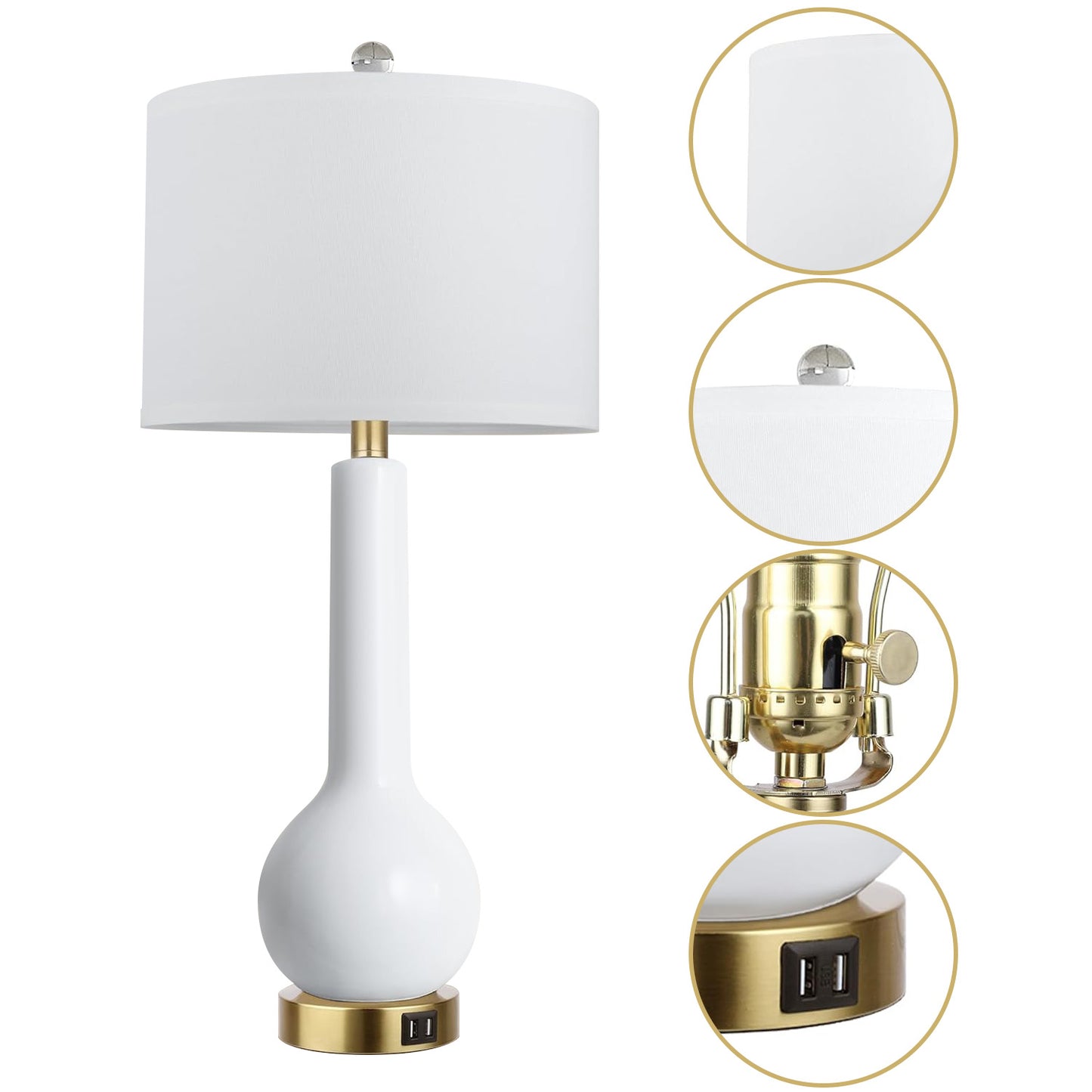 27.5” White Ceramic Modern Table Lamp with Dual USB Port - for Living Room,Dining Room,Bedroom,Office,Nightstand, 2 Pack