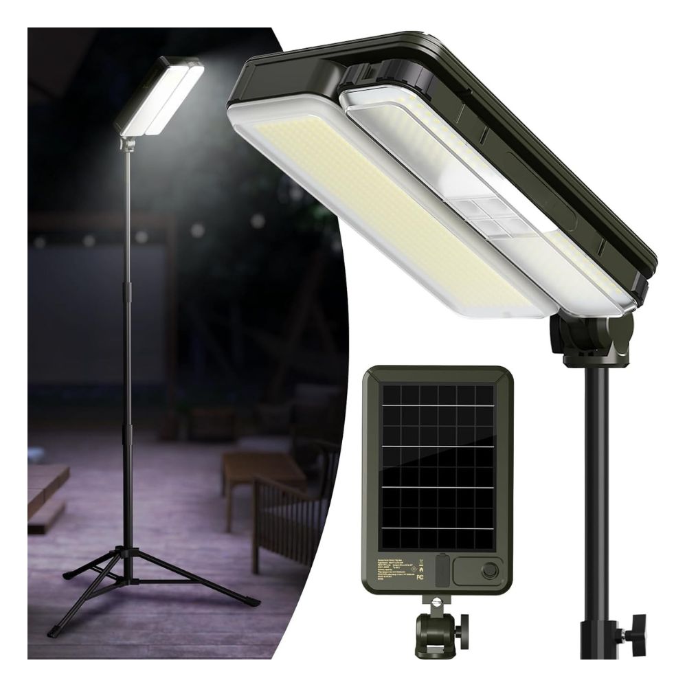ROTTOGOON 1 Pack Outdoor Solar Camping Lights, LED Work Light with 2 Lighting Heads, IP65 Waterproof Cordless Solar Powered & USB-C Stand Floor Light with Iron Telescoping Tripod